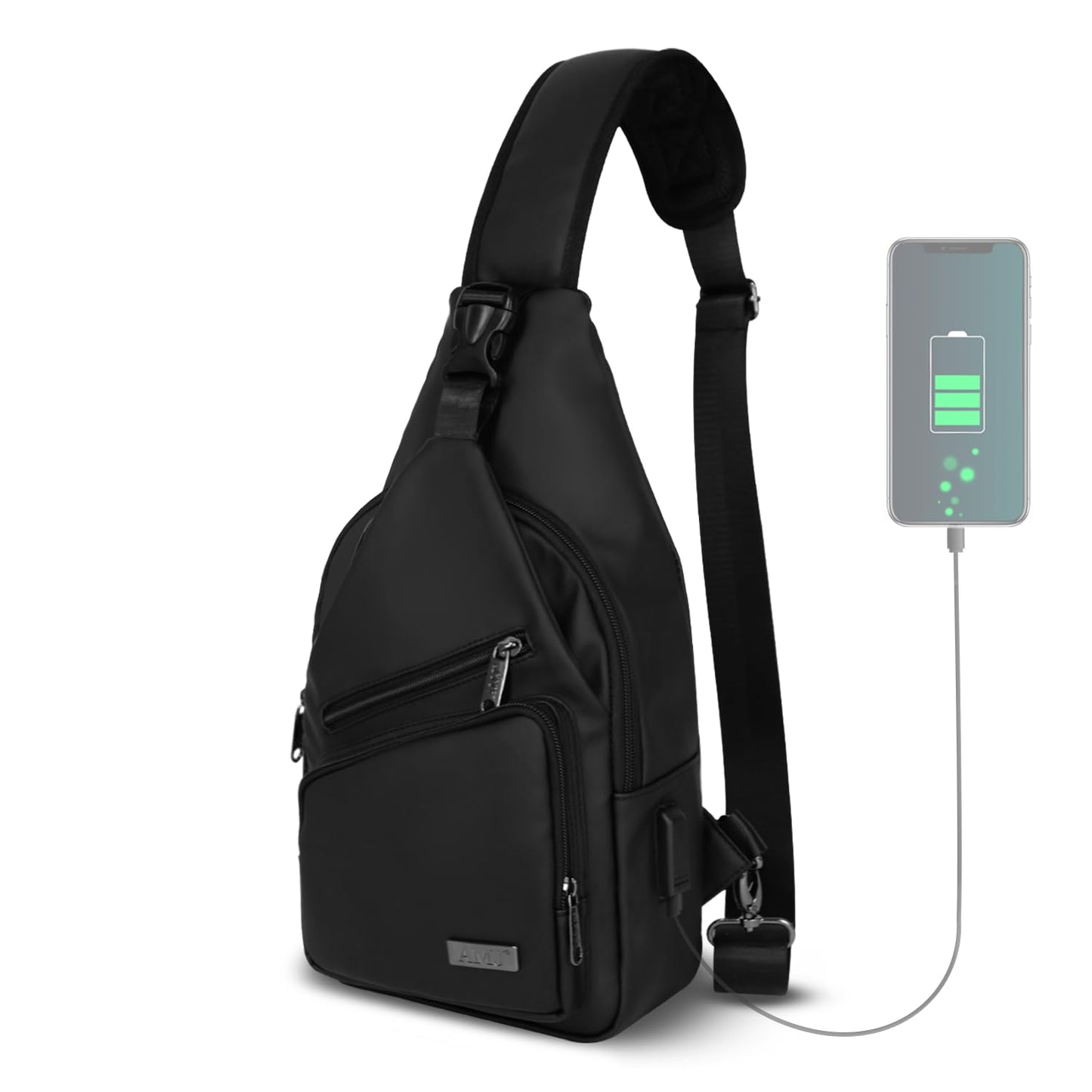 AMJ Crossbody Sling Bag Men Women, Casual Shoulder Backpack, Chest Daypack Satchel for Hiking Travel (Black Leath, Large)