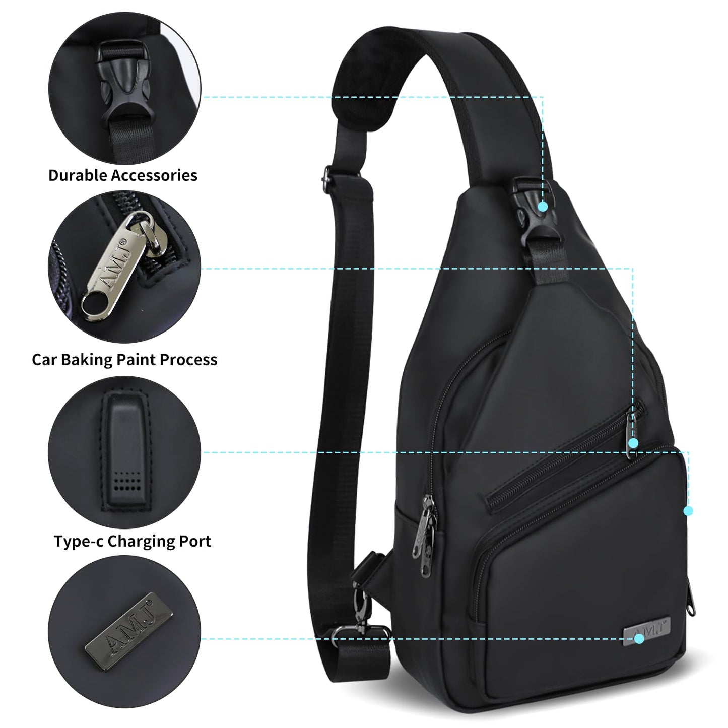 AMJ Crossbody Sling Bag Men Women, Casual Shoulder Backpack, Chest Daypack Satchel for Hiking Travel (Black Leath, Large)