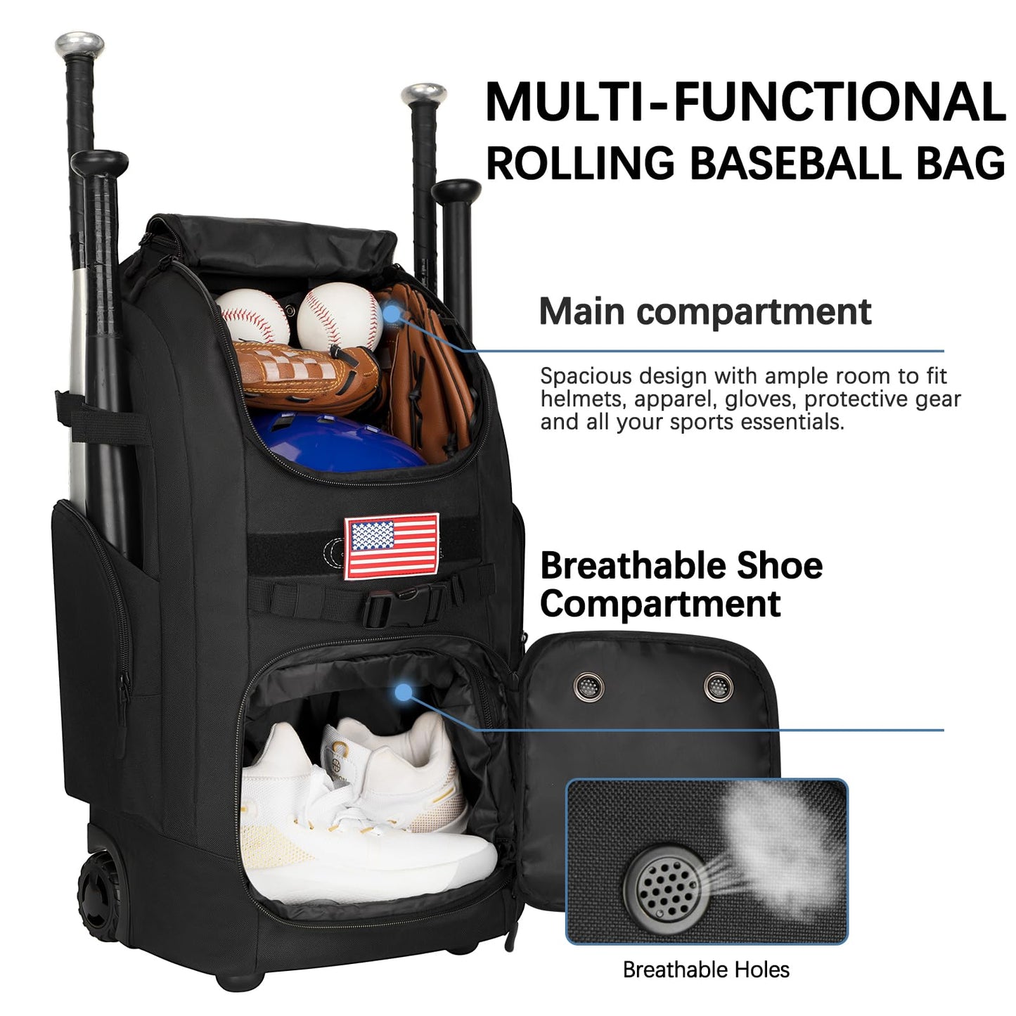 Rolling Baseball Bag with Wheels, 60L Capacity Wheeled Softball bag with Shoe Compartment for Youth & Adult, Bat bag with Hidden Straps,Fence Hook,Holds 4 Bat, Helmet, Glove