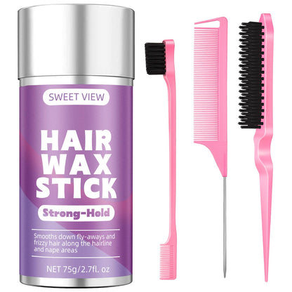 SWEET VIEW Hair Wax Stick & Slick Back Hair Brush for Tame Flyaways, Frizz, Sleek Ponytails, Buns | Pomade/Balm/Gel Stick for Woman, Styling Accessories for Girls