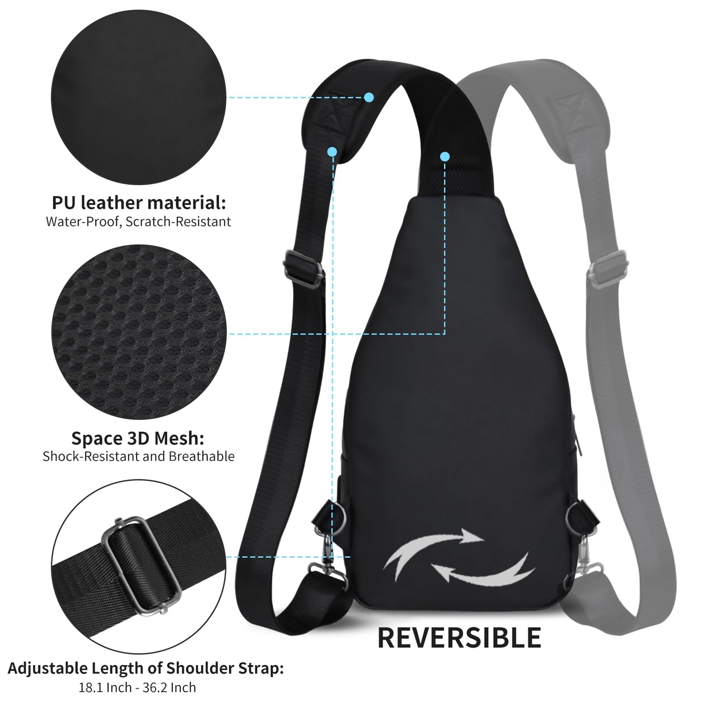 AMJ Crossbody Sling Bag Men Women, Casual Shoulder Backpack, Chest Daypack Satchel for Hiking Travel (Black Leath, Large)
