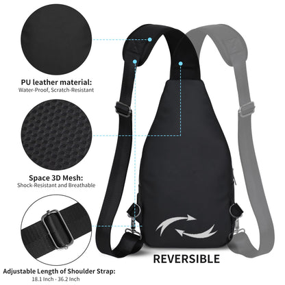 AMJ Crossbody Sling Bag Men Women, Casual Shoulder Backpack, Chest Daypack Satchel for Hiking Travel (Black Leath, Large)