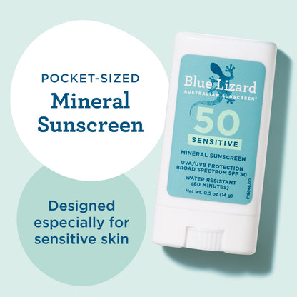BLUE LIZARD Sensitive Mineral Sunscreen Stick with Zinc Oxide, SPF 50+, Water Resistant, UVA UVB Protection Easy to Apply, Fragrance Free, 0.5 Oz