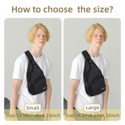 AMJ Crossbody Sling Bag Men Women, Casual Shoulder Backpack, Chest Daypack Satchel for Hiking Travel (Black Leath, Large)