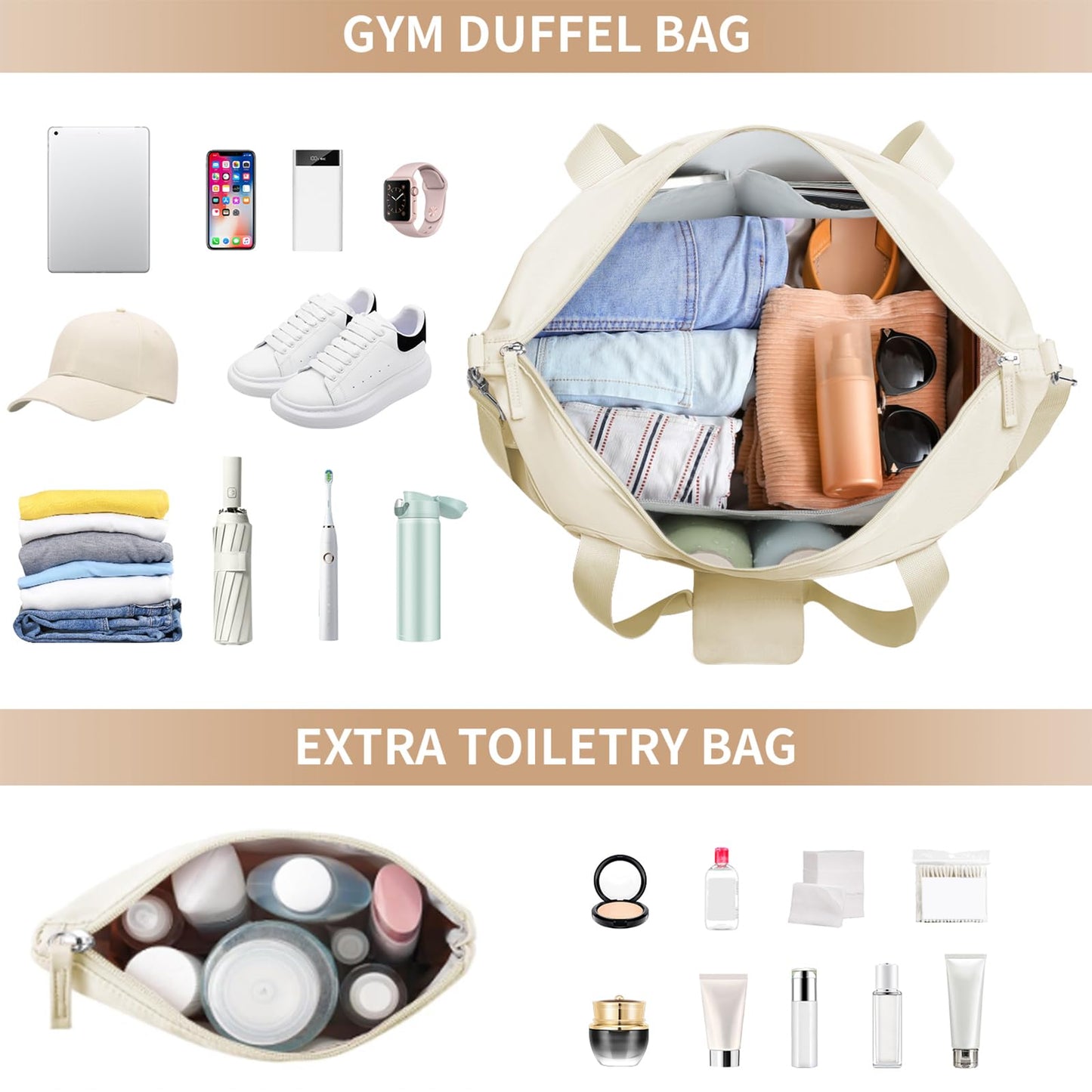 ETRONIK Gym Bag for Women, Personal Item Travel Bag with Shoes Compartment, Weekender Overnight Duffel Bag with Wet Pocket, Carry On Bag for Women, Travel, Gym, Weekend (Beige)