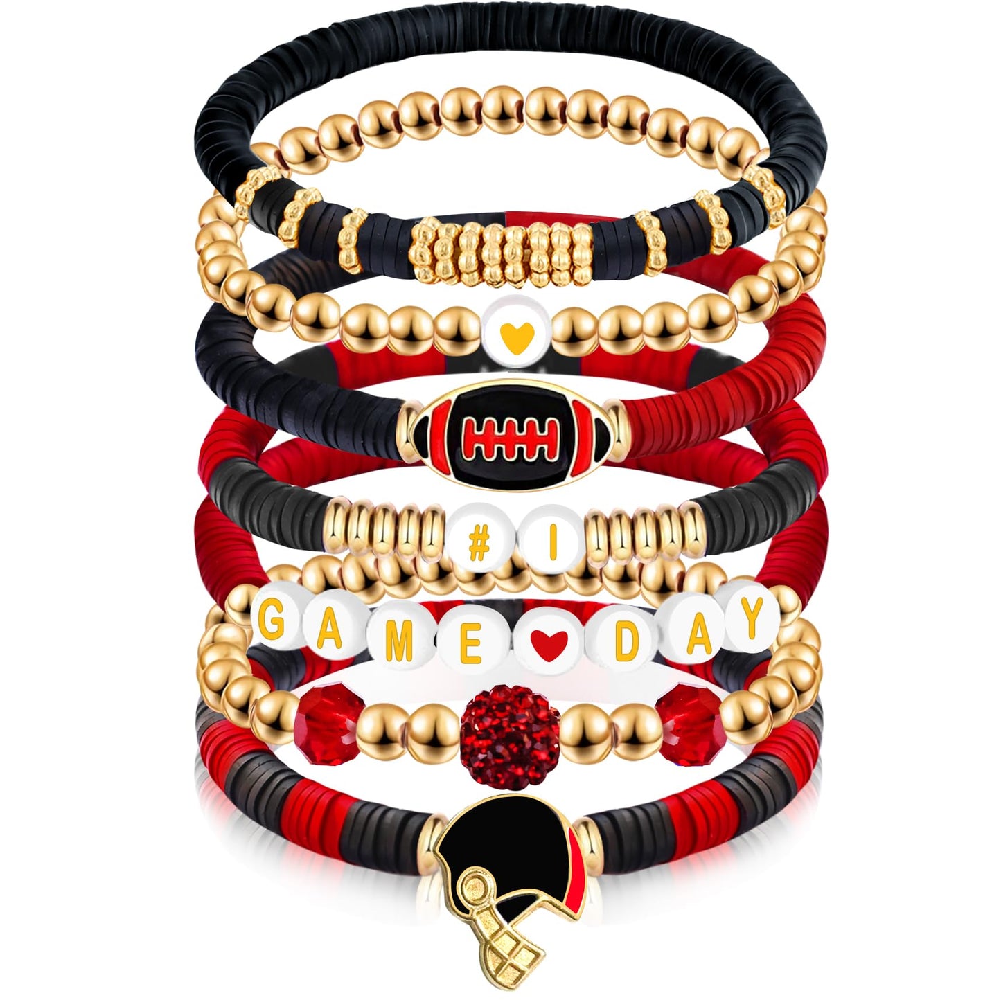 Kopuscristing Game Day #1 Bracelet Football Charm Beaded Stretch Bracelet Sports Jewelry for Football Dads Moms Coaches Fans Gifts (Black Red)