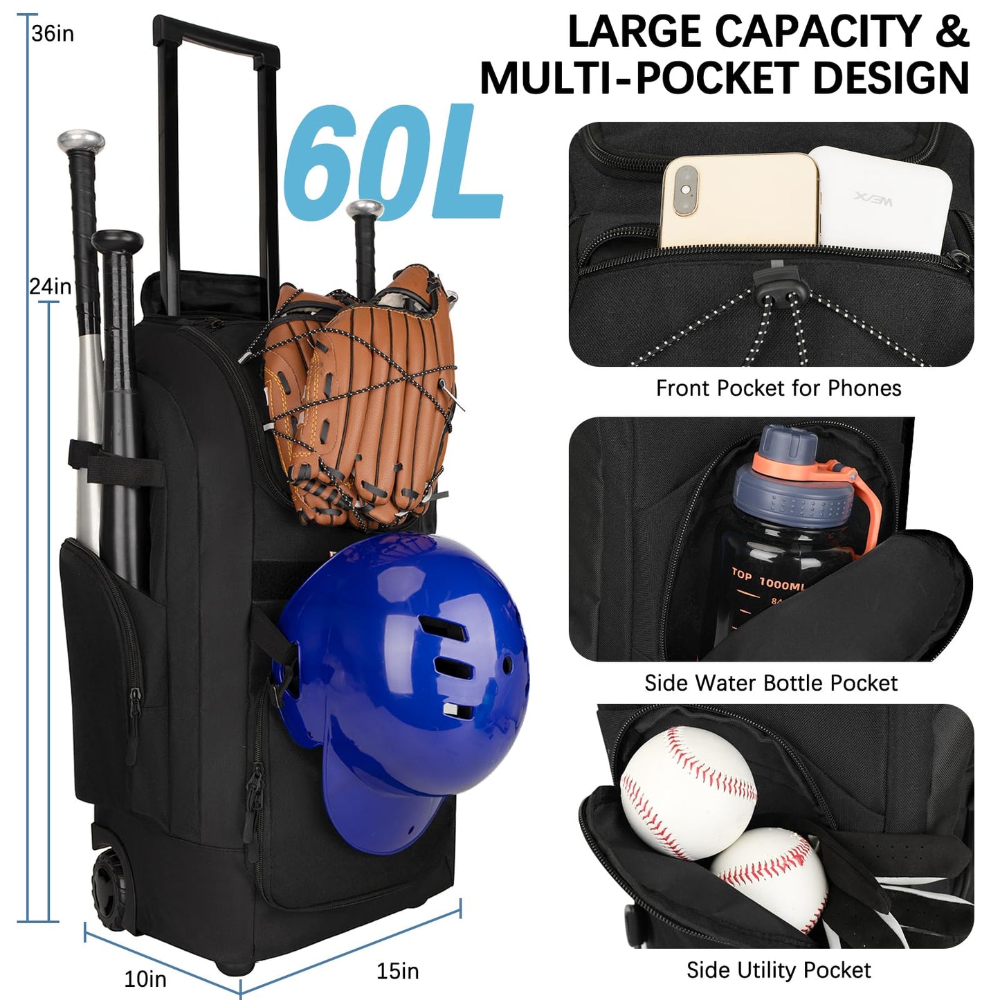 Rolling Baseball Bag with Wheels, 60L Capacity Wheeled Softball bag with Shoe Compartment for Youth & Adult, Bat bag with Hidden Straps,Fence Hook,Holds 4 Bat, Helmet, Glove