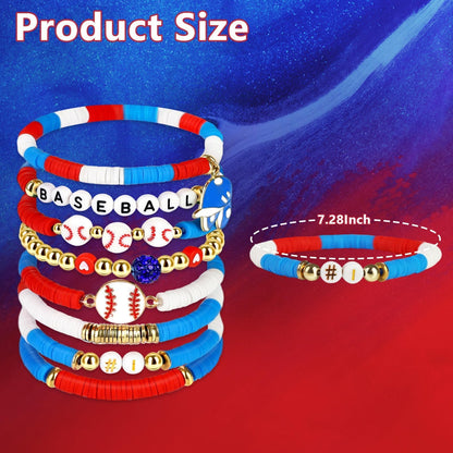 AKAIXI Baseball Clay Beaded Stretch Bracelets, Game Day Friendship Baseball Sport Fan Bracelet for for Sports Game Team Coach Mom Women Men Jewelry Accessories Gifts (red white and blue)