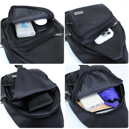 AMJ Crossbody Sling Bag Men Women, Casual Shoulder Backpack, Chest Daypack Satchel for Hiking Travel (Black Leath, Large)