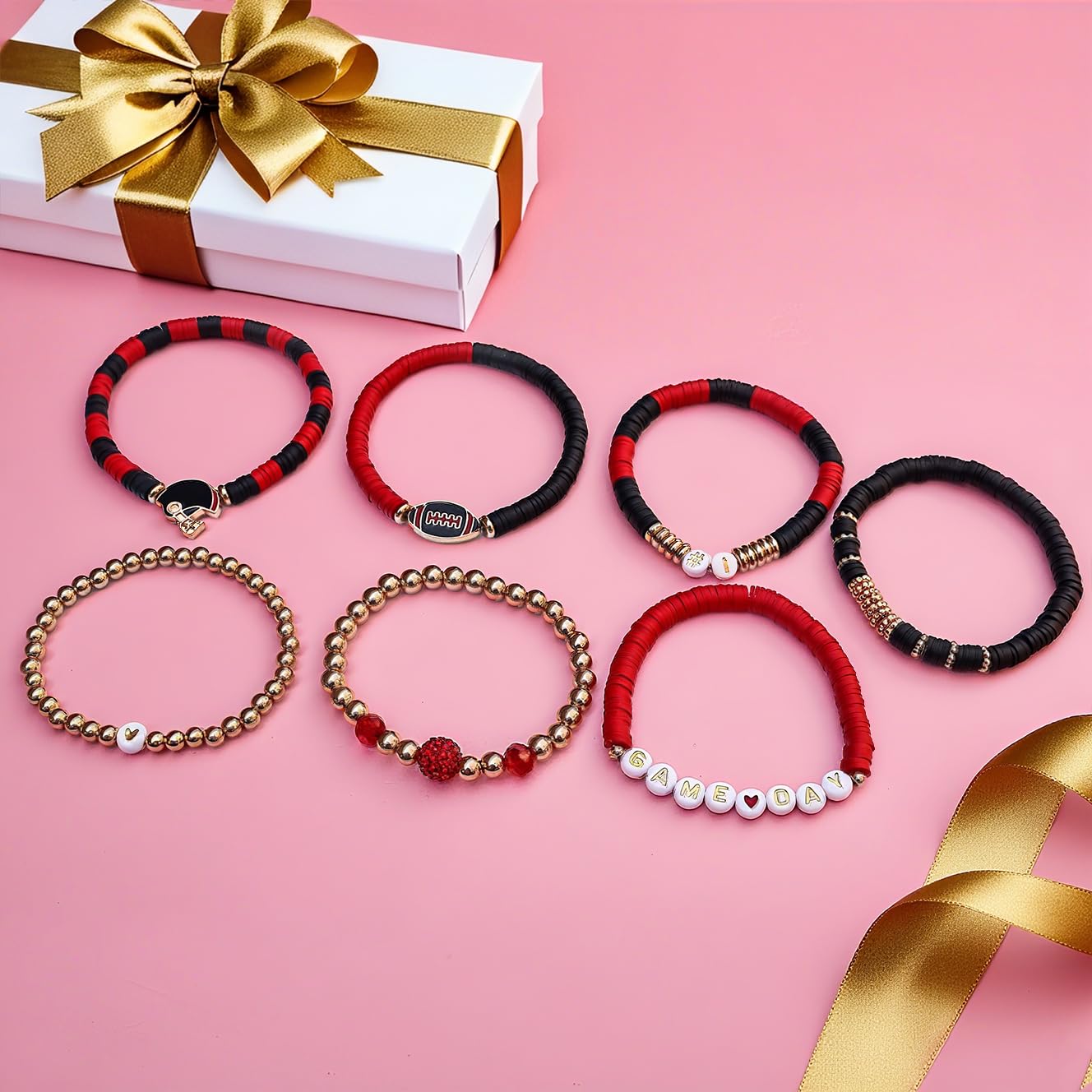 Kopuscristing Game Day #1 Bracelet Football Charm Beaded Stretch Bracelet Sports Jewelry for Football Dads Moms Coaches Fans Gifts (Black Red)