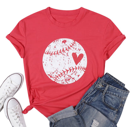 Baseball Shirt Women Baseball Heart Tee Shirts Baseball Mom Tshirt Game Day Casual Crew Neck Short Sleeve Tops Red