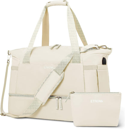 ETRONIK Gym Bag for Women, Personal Item Travel Bag with Shoes Compartment, Weekender Overnight Duffel Bag with Wet Pocket, Carry On Bag for Women, Travel, Gym, Weekend (Beige)