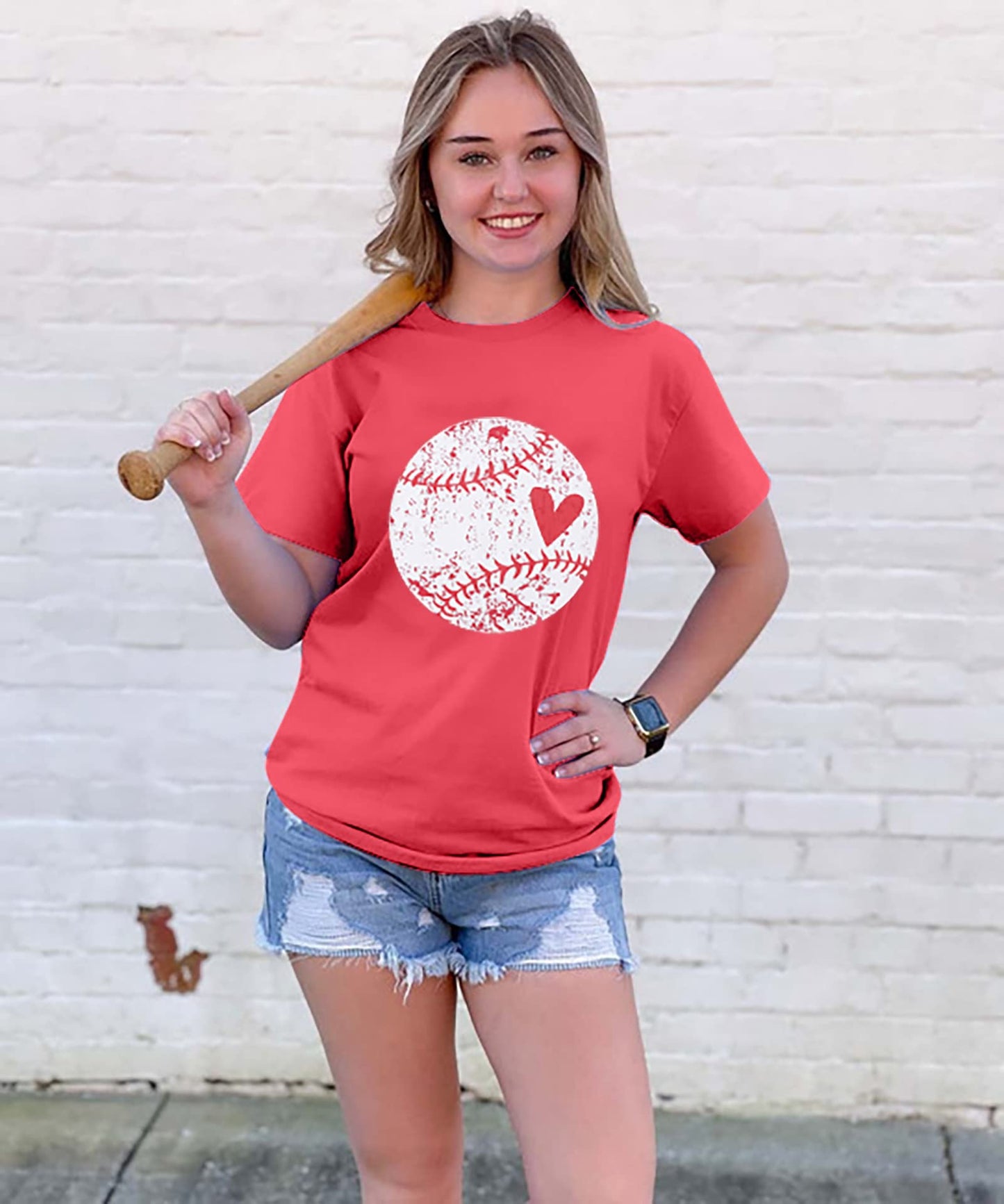 Baseball Shirt Women Baseball Heart Tee Shirts Baseball Mom Tshirt Game Day Casual Crew Neck Short Sleeve Tops Red
