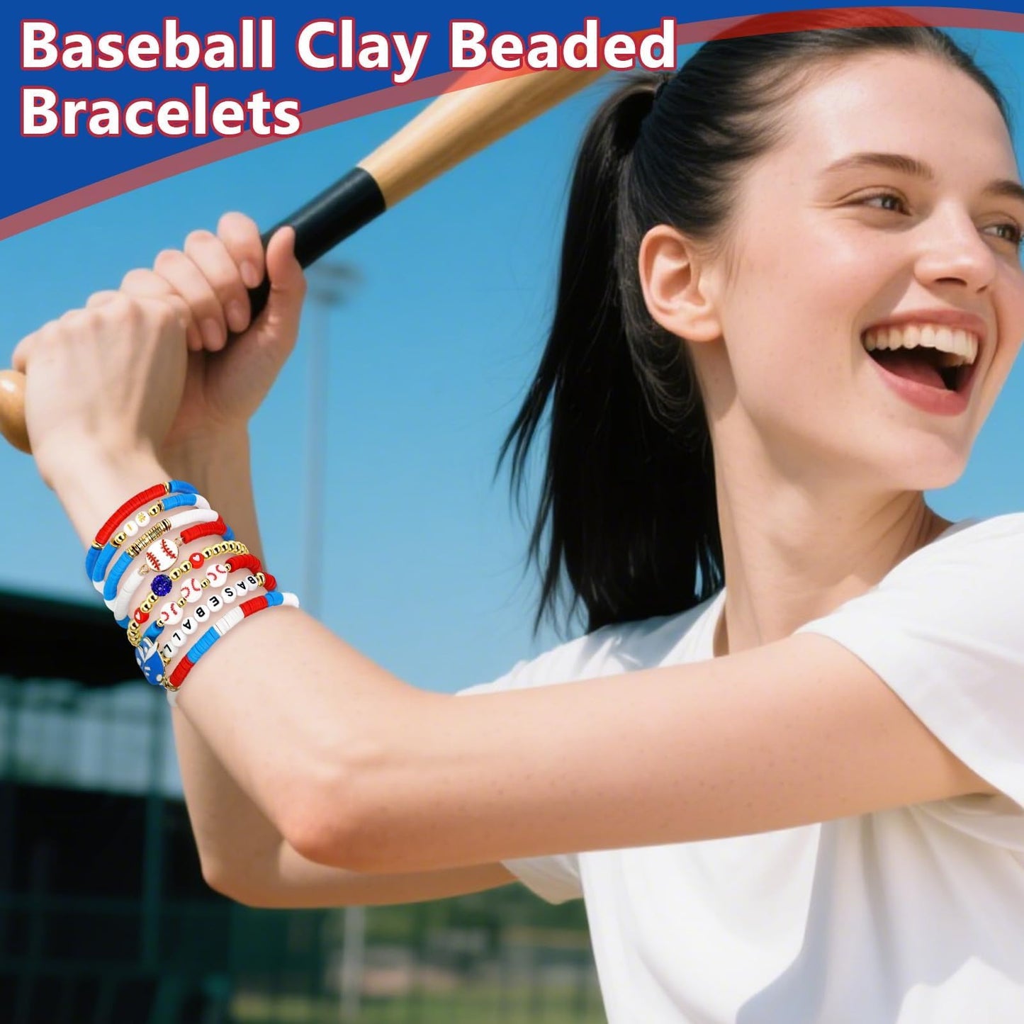 AKAIXI Baseball Clay Beaded Stretch Bracelets, Game Day Friendship Baseball Sport Fan Bracelet for for Sports Game Team Coach Mom Women Men Jewelry Accessories Gifts (red white and blue)