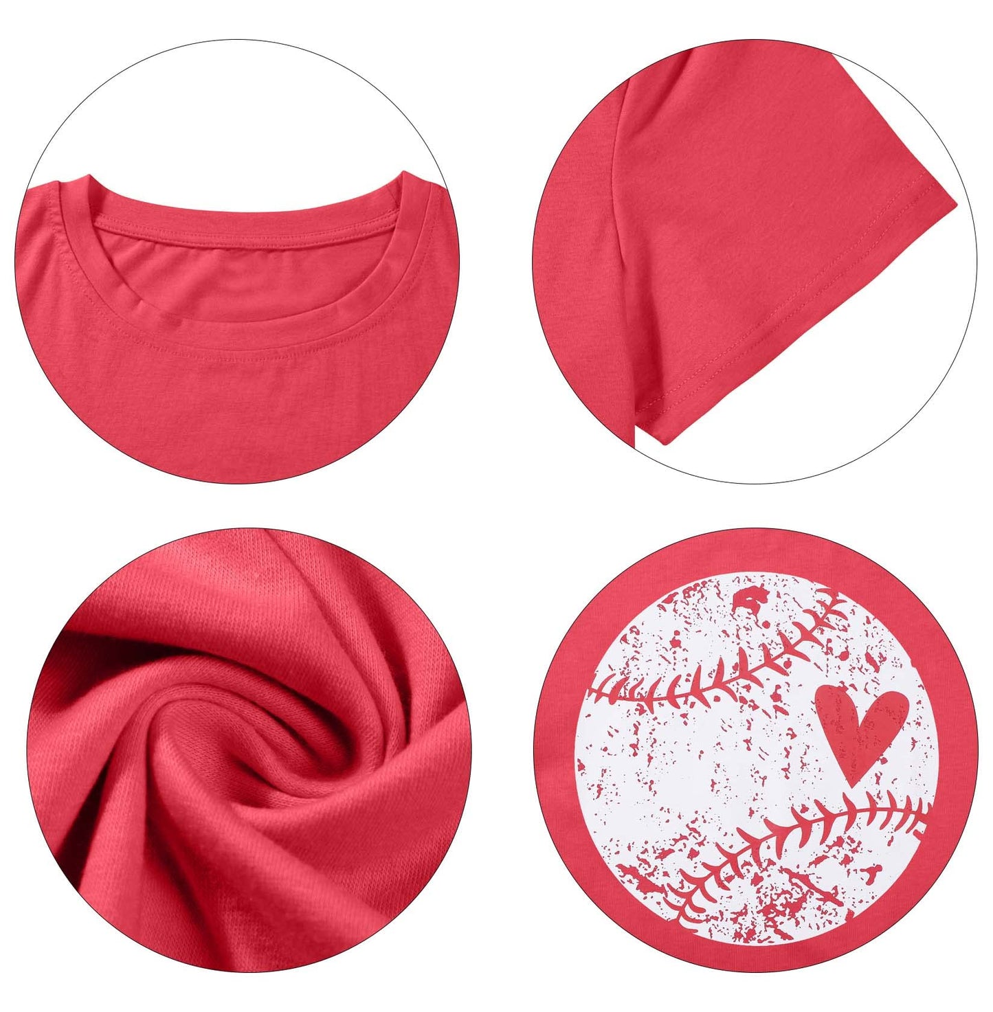 Baseball Shirt Women Baseball Heart Tee Shirts Baseball Mom Tshirt Game Day Casual Crew Neck Short Sleeve Tops Red