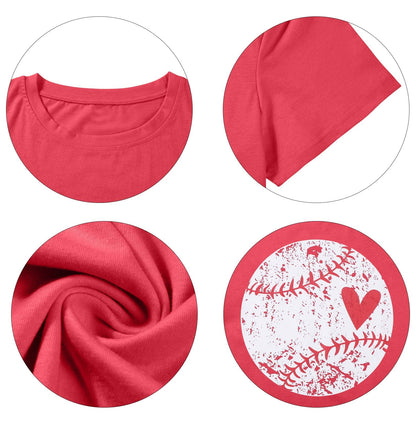Baseball Shirt Women Baseball Heart Tee Shirts Baseball Mom Tshirt Game Day Casual Crew Neck Short Sleeve Tops Red