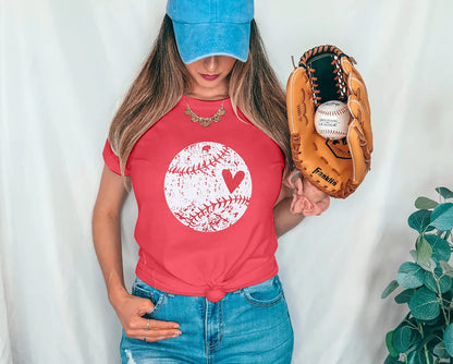 Baseball Shirt Women Baseball Heart Tee Shirts Baseball Mom Tshirt Game Day Casual Crew Neck Short Sleeve Tops Red