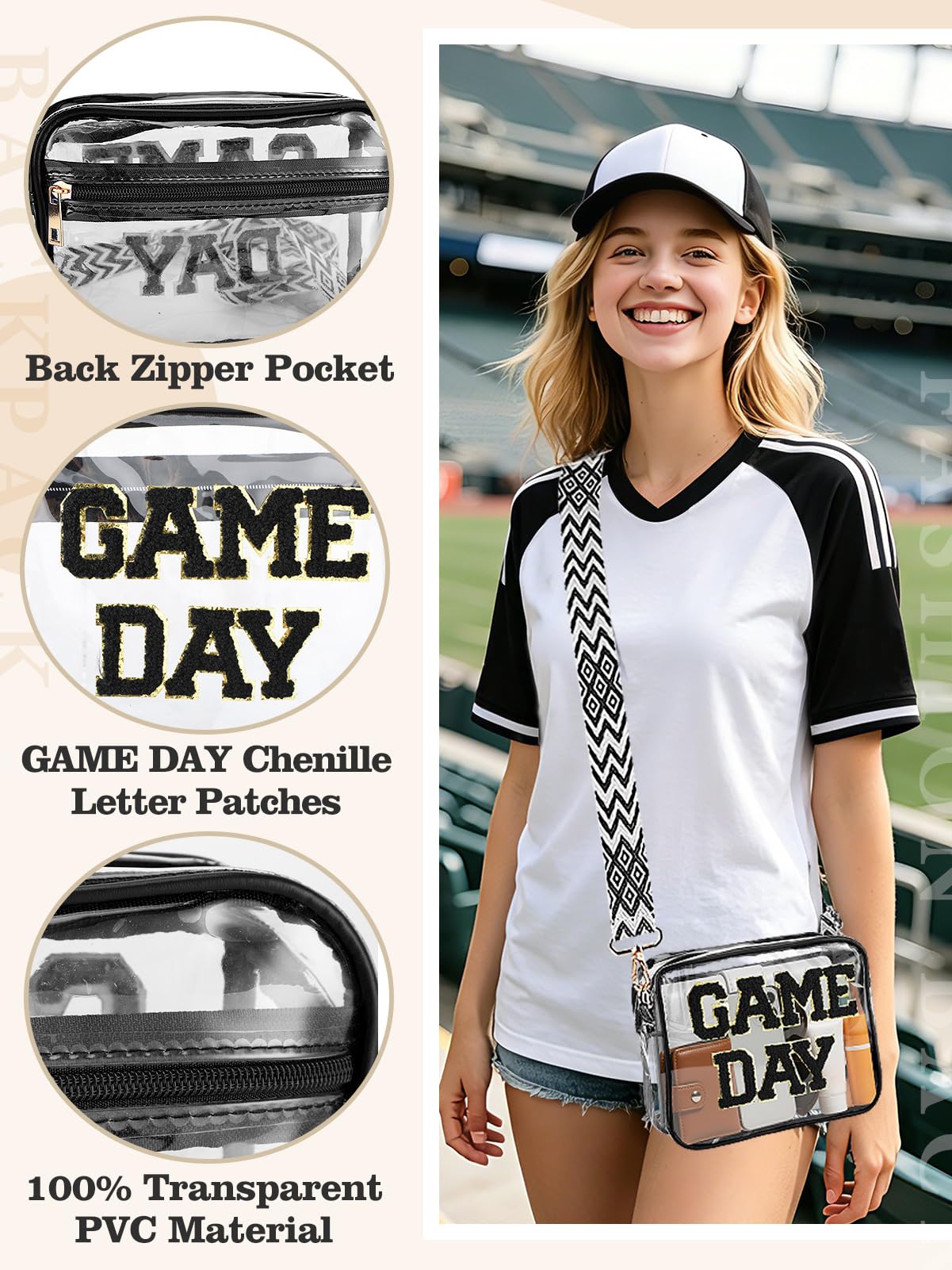 Game Day Clear Bag Stadium Approved - 9" x 7" x 2.5" Small Crossbody Purse for Football Fans, with Adjustable Strap & Zipper, for Women Men Sports Festivals, Black