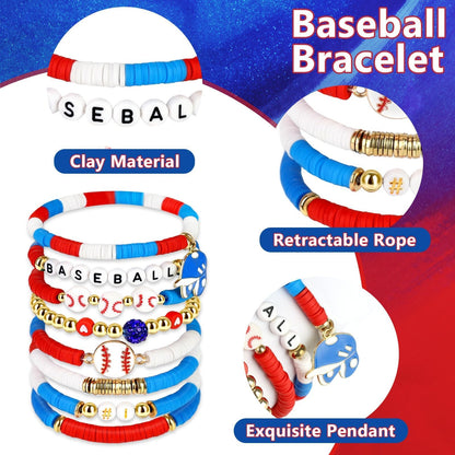 AKAIXI Baseball Clay Beaded Stretch Bracelets, Game Day Friendship Baseball Sport Fan Bracelet for for Sports Game Team Coach Mom Women Men Jewelry Accessories Gifts (red white and blue)
