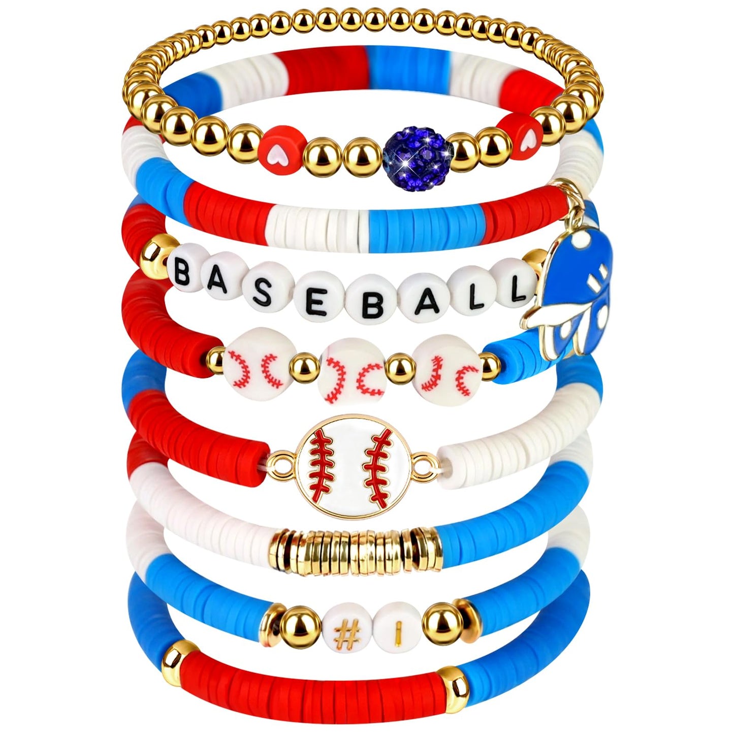 AKAIXI Baseball Clay Beaded Stretch Bracelets, Game Day Friendship Baseball Sport Fan Bracelet for for Sports Game Team Coach Mom Women Men Jewelry Accessories Gifts (red white and blue)