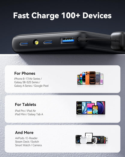 INIU 45W Fast Charging Portable Charger, 40% Smaller 10000mAh with Detachable Cable, Flight-Safe Travel Power Bank, USB C External Phone Battery Pack for iPhone 17 16 Pro iPad Samsung S26 Google etc