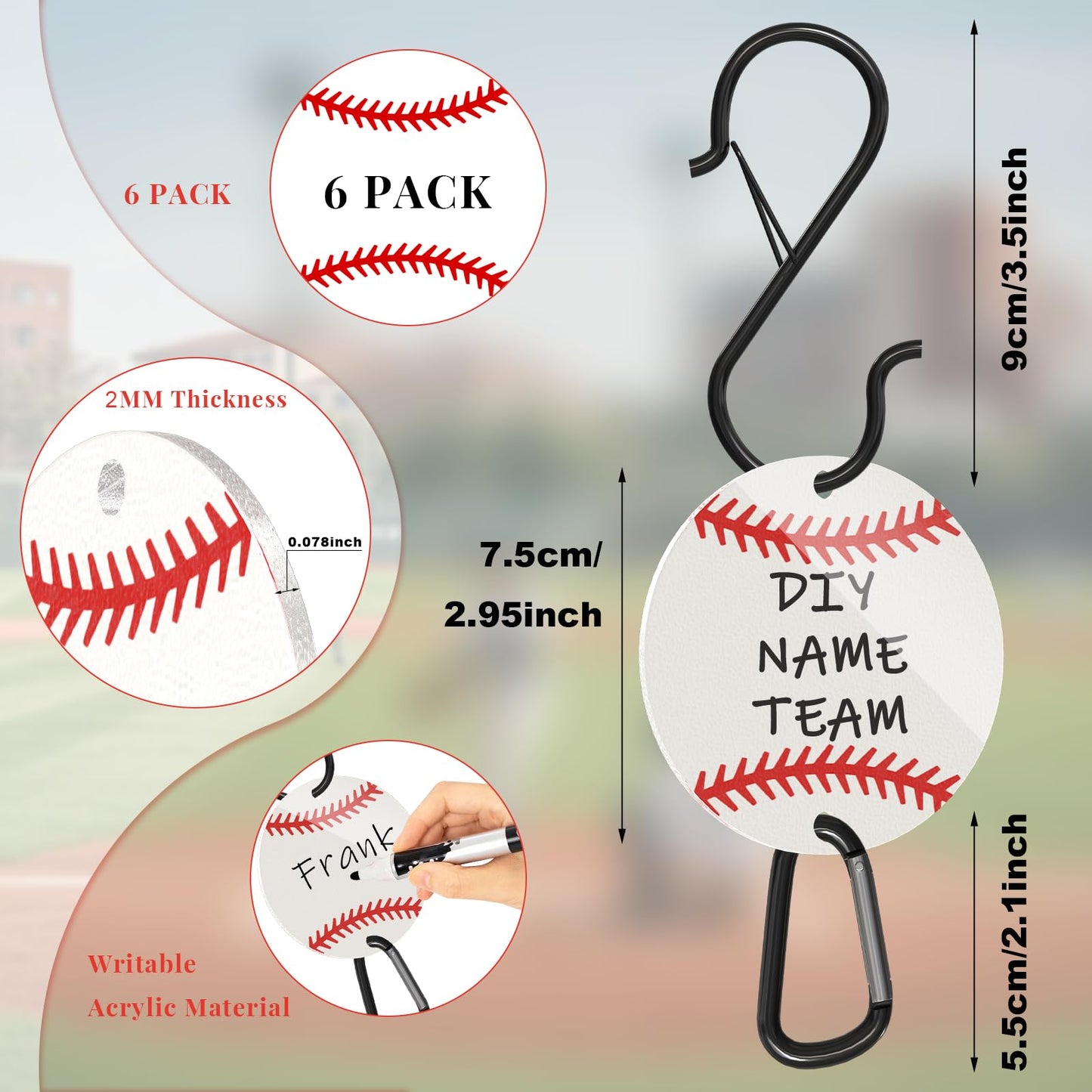 Ztzfacai 6 Pcs Baseball Bag Fence Hooks,Writable Acrylic Board Sports Fence Hooks,Metal Backpack Fence Clips for Helmets,Water Bottle,Bag,Baseball Gifts for Team (White)