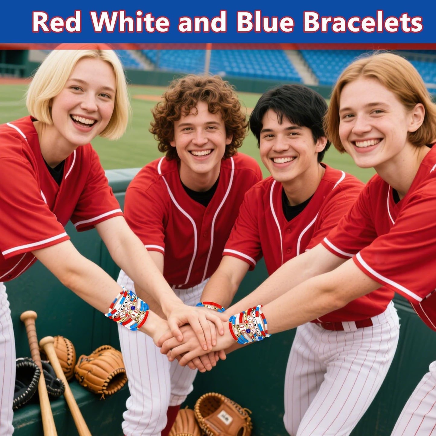 AKAIXI Baseball Clay Beaded Stretch Bracelets, Game Day Friendship Baseball Sport Fan Bracelet for for Sports Game Team Coach Mom Women Men Jewelry Accessories Gifts (red white and blue)