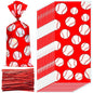 Outus 100 Pcs Baseball Cellophane Bags Baseball Goodie Bags Red Baseball Party Favor Bag Baseball Snacks Treat Candy Bags Sport Ball Plastic Bags with Twist Ties for Baseball Party Decoration Supplies