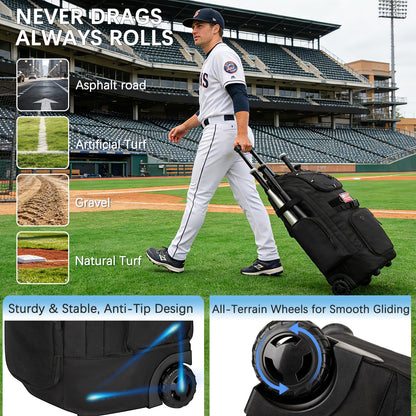 Rolling Baseball Bag with Wheels, 60L Capacity Wheeled Softball bag with Shoe Compartment for Youth & Adult, Bat bag with Hidden Straps,Fence Hook,Holds 4 Bat, Helmet, Glove