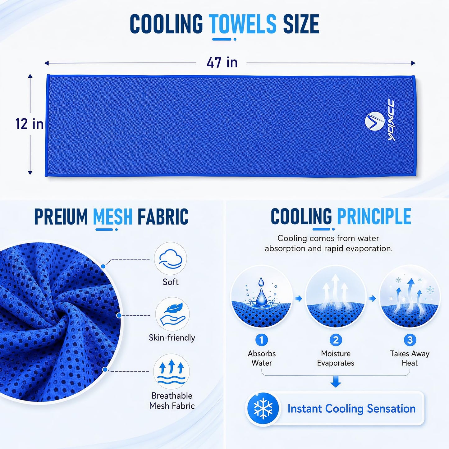 YQXCC Cooling Towels | 4 Pack 47"x12" | Ice Cool for Neck | Microfiber Soft Breathable Chilly | for Yoga, Sports, Golf, Gym, Camping, Running, Fitness, Workout & More Activities