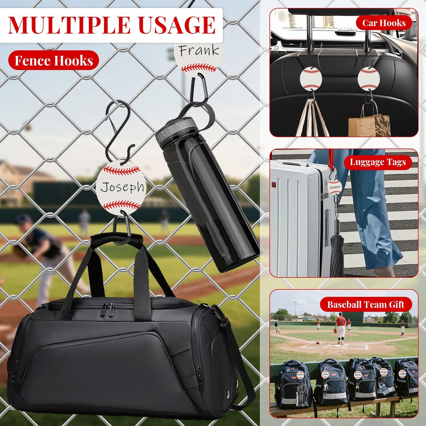 Ztzfacai 6 Pcs Baseball Bag Fence Hooks,Writable Acrylic Board Sports Fence Hooks,Metal Backpack Fence Clips for Helmets,Water Bottle,Bag,Baseball Gifts for Team (White)