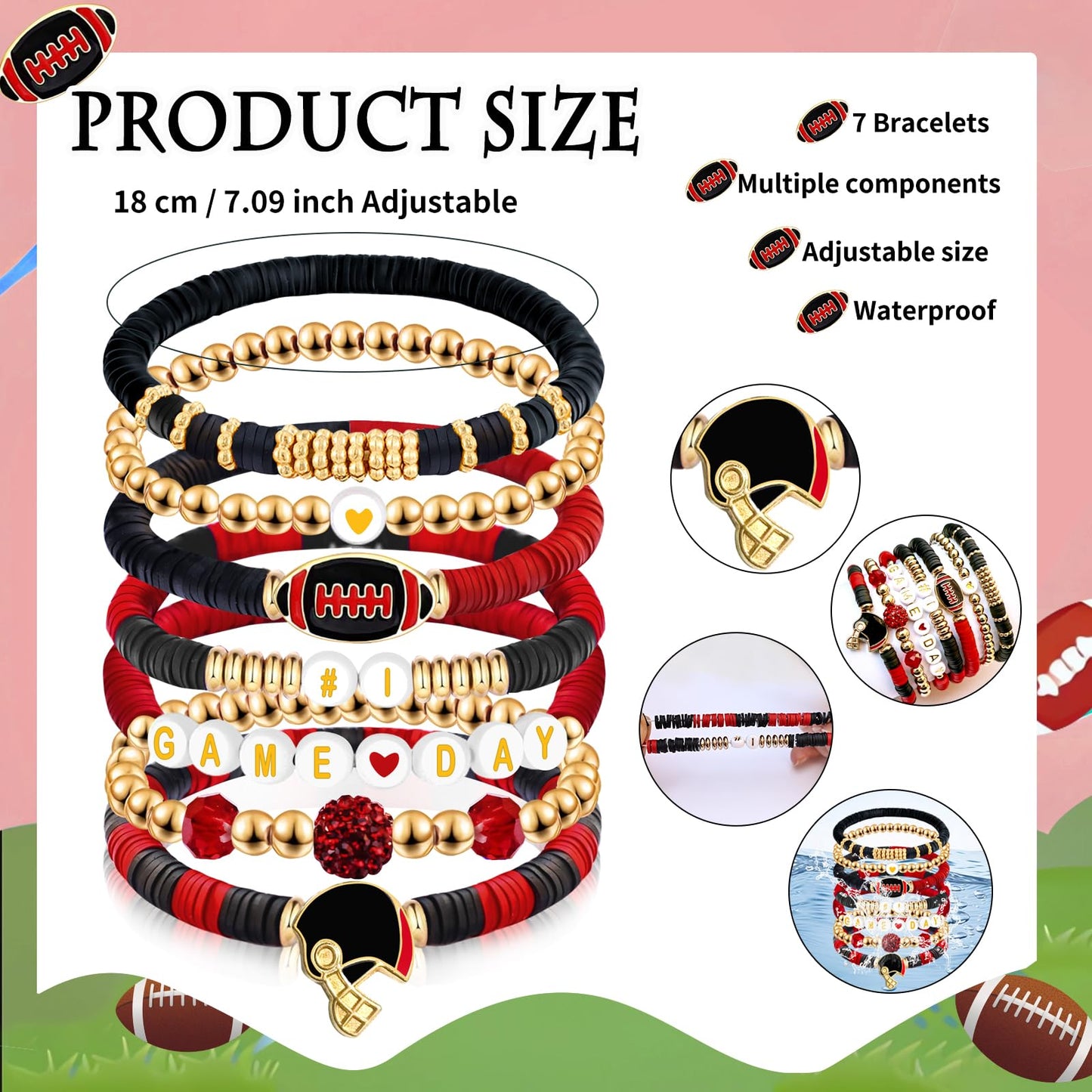 Kopuscristing Game Day #1 Bracelet Football Charm Beaded Stretch Bracelet Sports Jewelry for Football Dads Moms Coaches Fans Gifts (Black Red)
