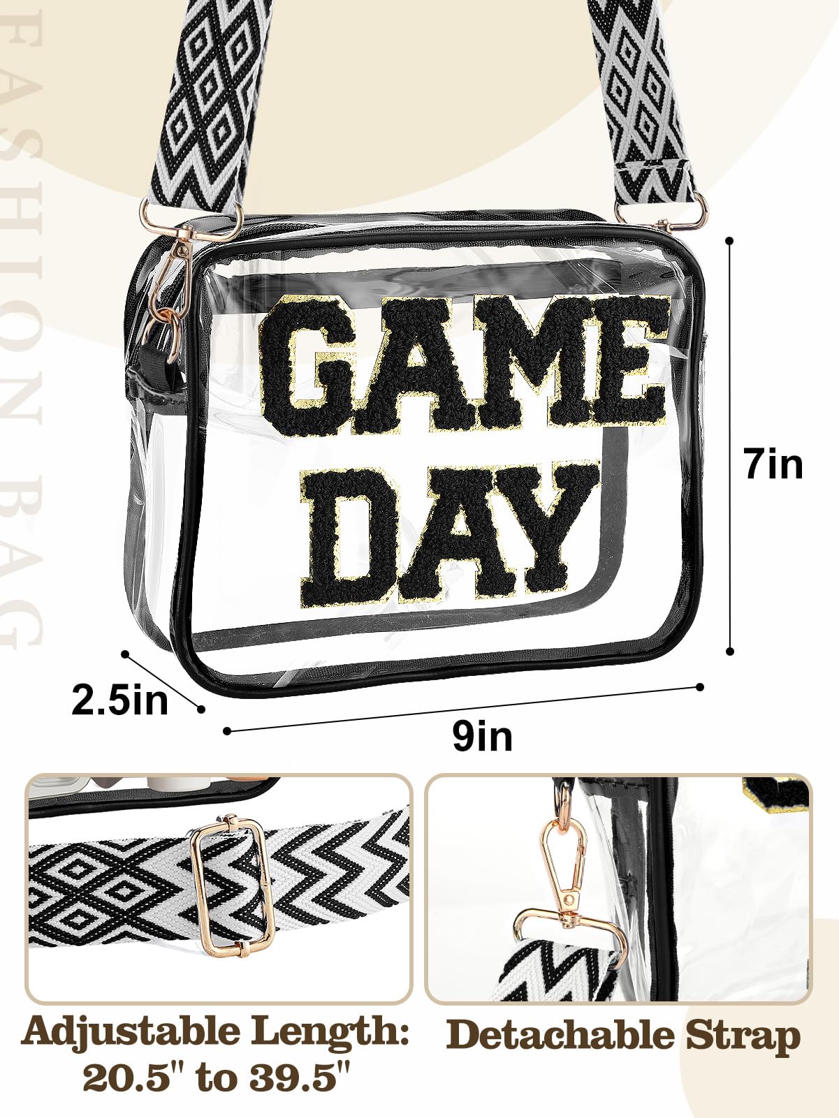Game Day Clear Bag Stadium Approved - 9" x 7" x 2.5" Small Crossbody Purse for Football Fans, with Adjustable Strap & Zipper, for Women Men Sports Festivals, Black