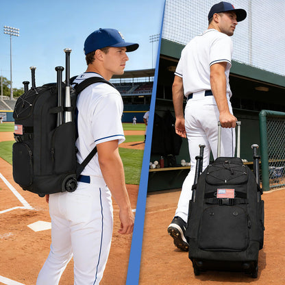 Rolling Baseball Bag with Wheels, 60L Capacity Wheeled Softball bag with Shoe Compartment for Youth & Adult, Bat bag with Hidden Straps,Fence Hook,Holds 4 Bat, Helmet, Glove
