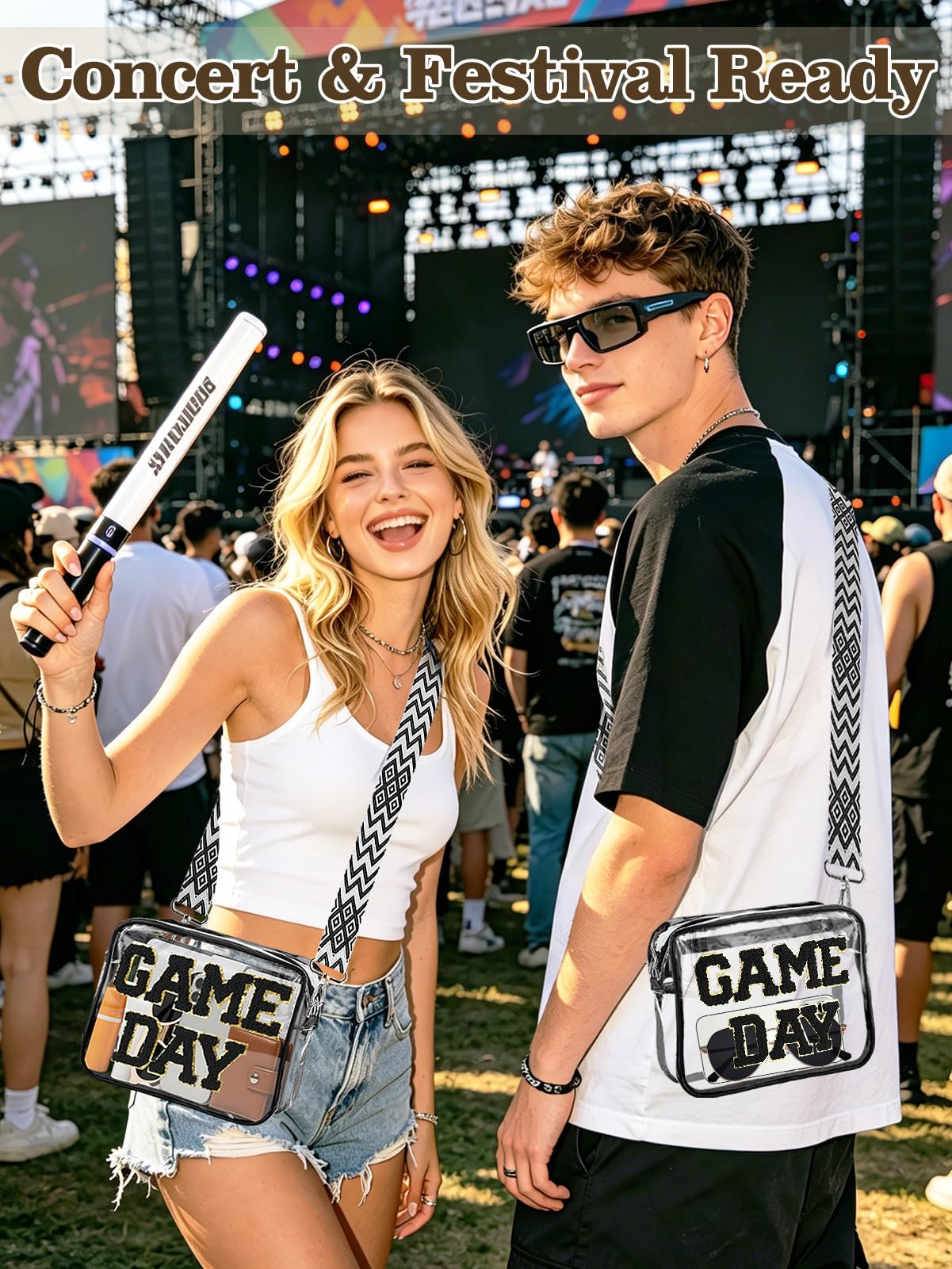 Game Day Clear Bag Stadium Approved - 9" x 7" x 2.5" Small Crossbody Purse for Football Fans, with Adjustable Strap & Zipper, for Women Men Sports Festivals, Black