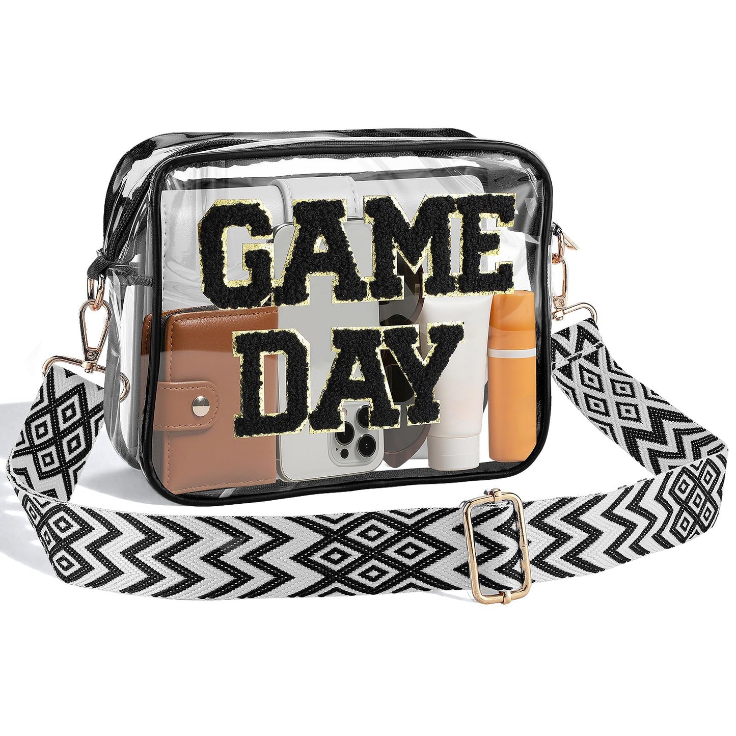 Game Day Clear Bag Stadium Approved - 9" x 7" x 2.5" Small Crossbody Purse for Football Fans, with Adjustable Strap & Zipper, for Women Men Sports Festivals, Black