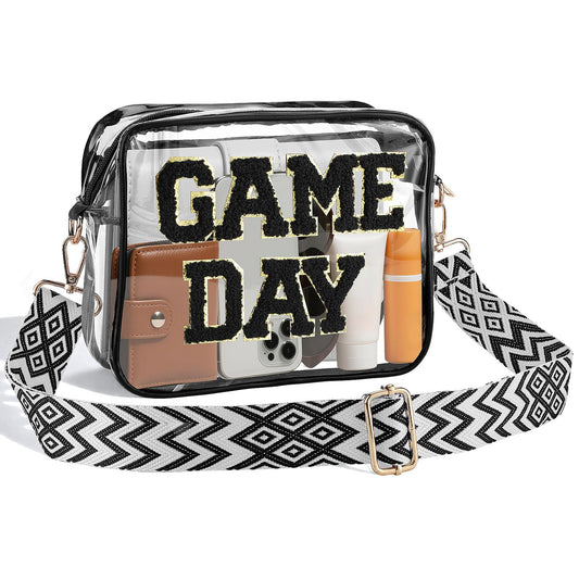Game Day Clear Bag Stadium Approved - 9" x 7" x 2.5" Small Crossbody Purse for Football Fans, with Adjustable Strap & Zipper, for Women Men Sports Festivals, Black