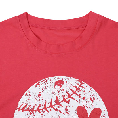 Baseball Shirt Women Baseball Heart Tee Shirts Baseball Mom Tshirt Game Day Casual Crew Neck Short Sleeve Tops Red