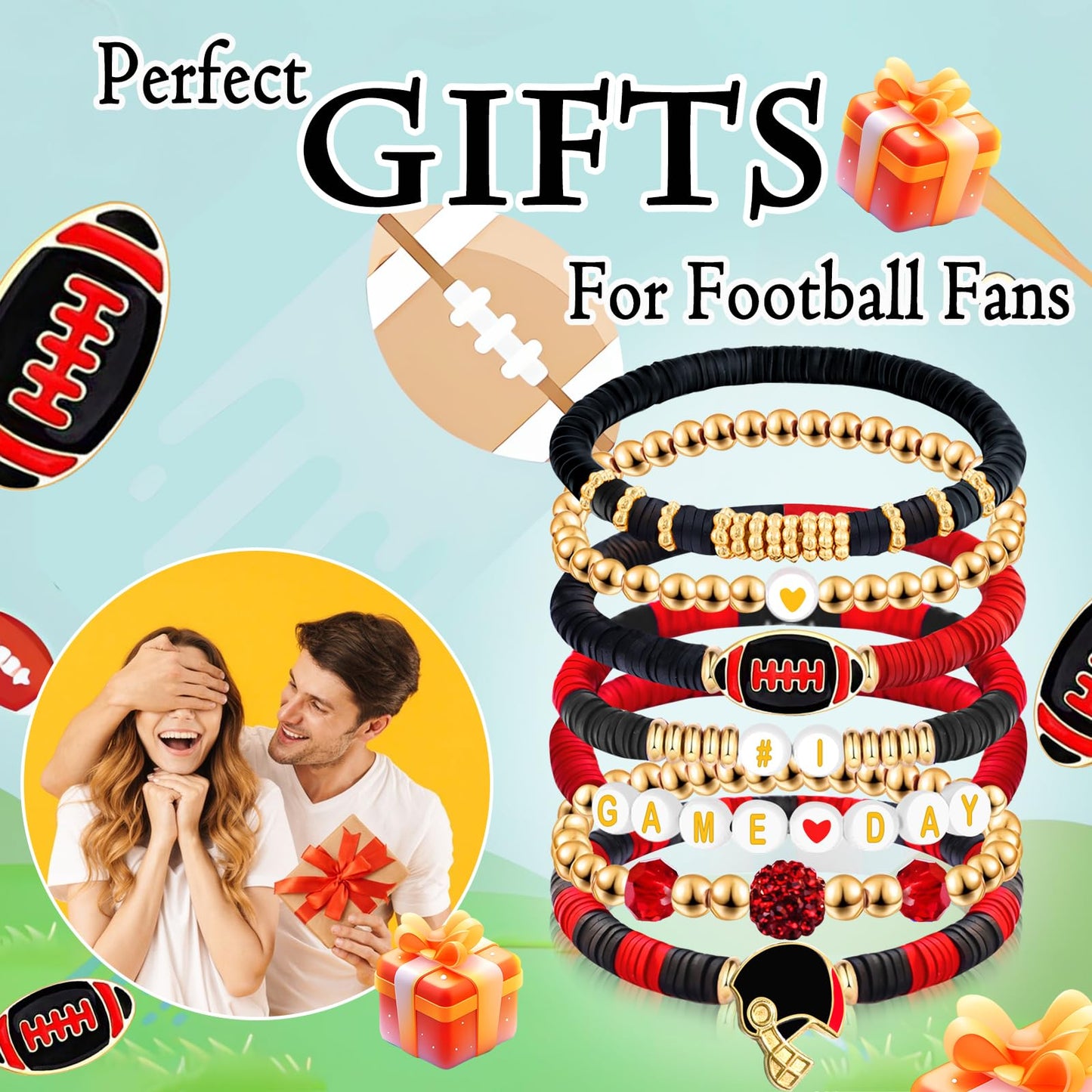 Kopuscristing Game Day #1 Bracelet Football Charm Beaded Stretch Bracelet Sports Jewelry for Football Dads Moms Coaches Fans Gifts (Black Red)