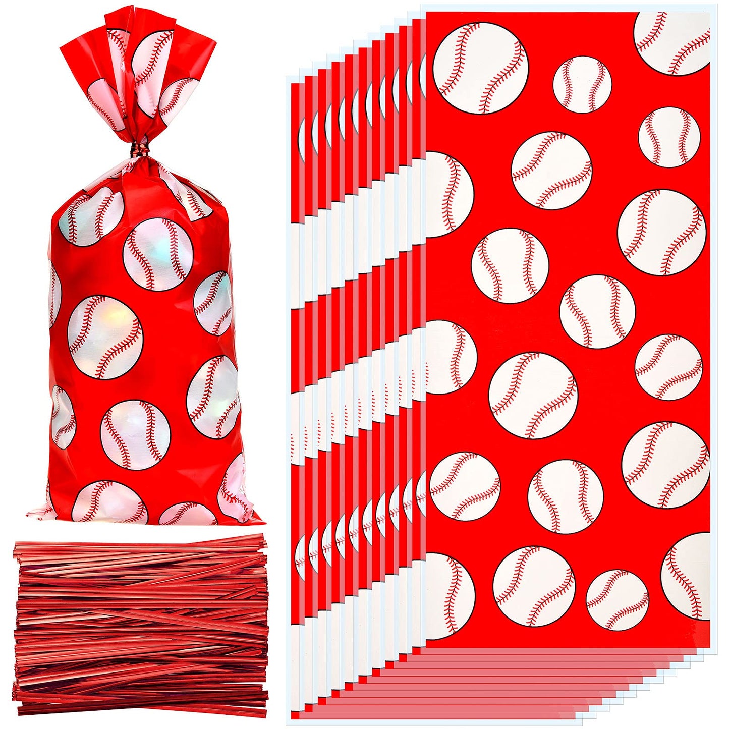 Outus 100 Pcs Baseball Cellophane Bags Baseball Goodie Bags Red Baseball Party Favor Bag Baseball Snacks Treat Candy Bags Sport Ball Plastic Bags with Twist Ties for Baseball Party Decoration Supplies