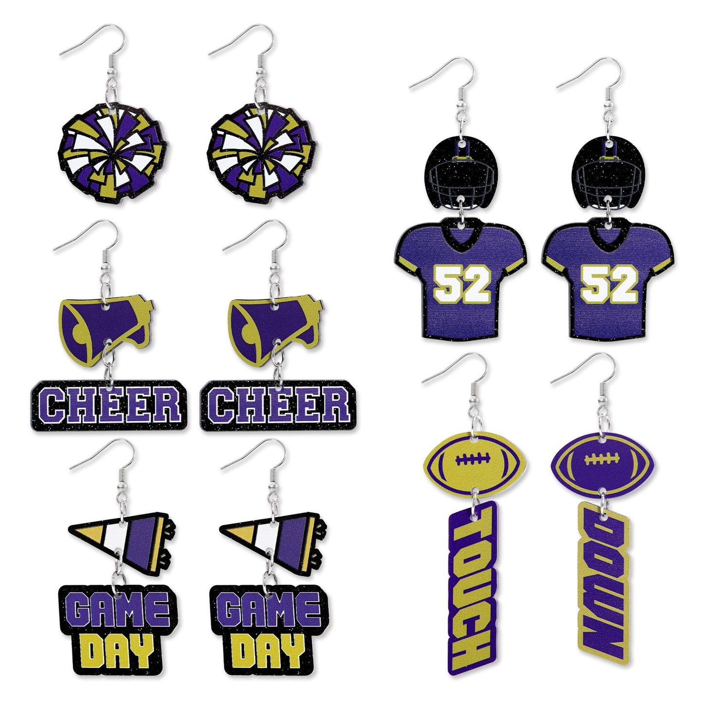 Yussti 5 Pairs of Football Earrings for Women Cheer Game Day Acrylic Touchdown Drop Purple Earrings Football Team Dangle Earrings Jewelry Gifts for Fans Sports Lover Cheerleaders
