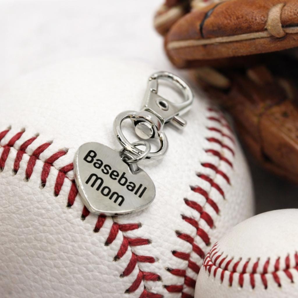 Baseball Mom Stainless Steel Clip On Charm Heart Engraved Sports Mom Bag Charm Keychain Gift